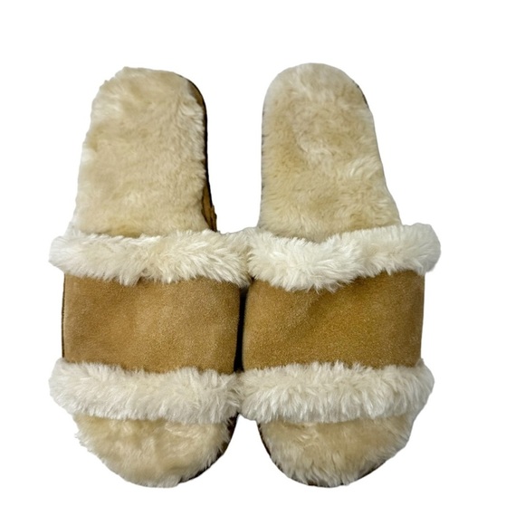 Minnetonka Suede Leather Faux Fur Open Toe Slippers Slides Tan Womens Size 7 - Picture 2 of 9